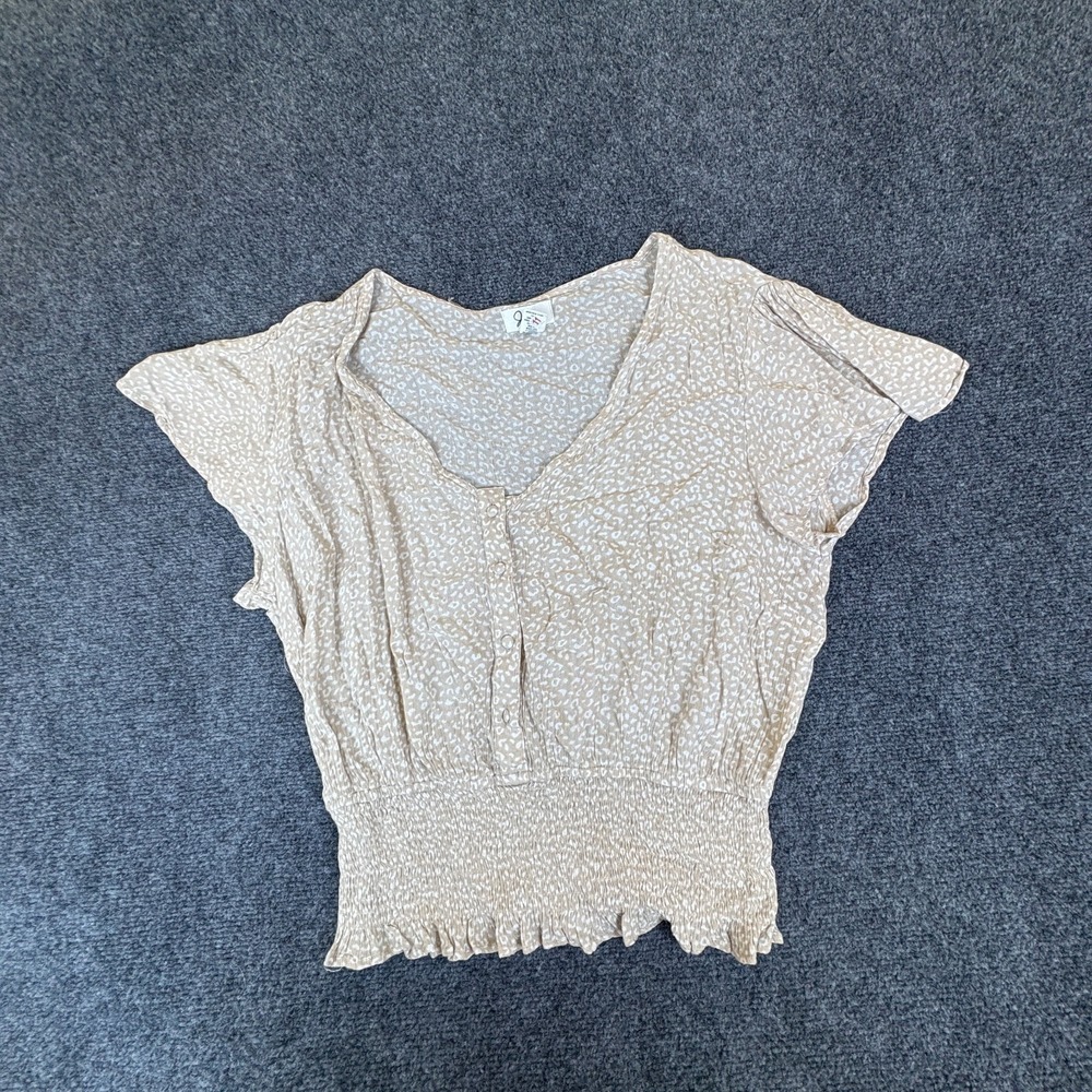 Japna Blouse Top‎ Womens Large Beige White Cheetah Viscose Smocked Waist V Neck